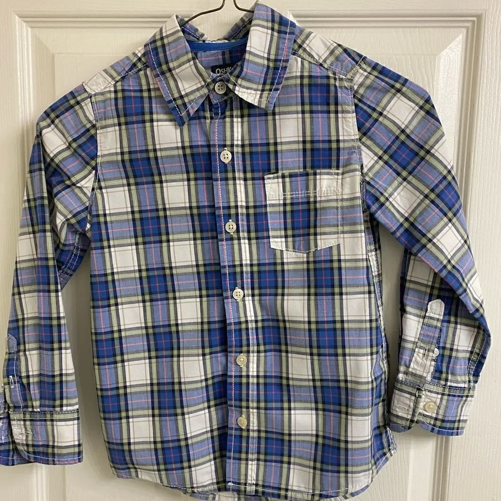 Boys Button Plaid Casual Dress Shirt, Oshkosh B’Gosh, Front Pocket, Long Sleeve